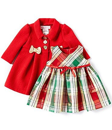 Image of Bonnie Jean Baby Girls Newborn-24 Months Long Sleeve Jacquard Knit Coat & Sleeveless Plaid Taffeta Fit And Flare Dress Set