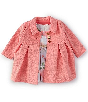 Image of Bonnie Jean Baby Girls Newborn-24 Months Textured-Knit Coral Coat & Sleeveless Shantung Floral Fit-And-Flare Dress Set