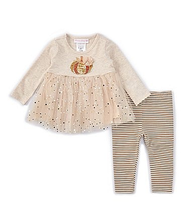 Image of Bonnie Jean Baby Girls Newborn-24 Months Sequin-Embellished-Pumpkin-Applique Fit-And-Flare Dress & Striped Leggings Set