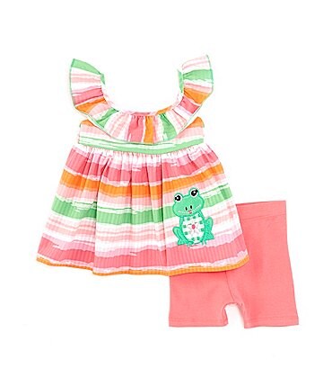 Image of Bonnie Jean Baby Girls Newborn-24 Months Sleeveless Striped Frog-Applique Seersucker Tunic Top & Knit Biker Shorts Set