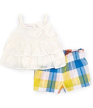 Image of Bonnie Jean Baby Girls Newborn-24 Months Sleeveless Textured-Knit Top & Plaid Seersucker Shorts Set