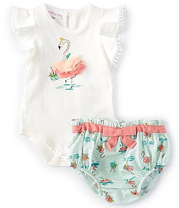 Image of Bonnie Jean Baby Girls Newborn-9 Months Flutter-Sleeve Flamingo-Applique Bodysuit & Printed Diaper Cover Set