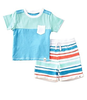Image of Burt's Bees Baby Boys Newborn-24 Months Short Sleeve Color Block Tee & French Terry Striped Short Set