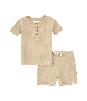 Image of Burt's Bees Baby Boys Newborn-24 Months Ribbed Knit Henley Short Sleeve Top & Pull-On Shorts Set