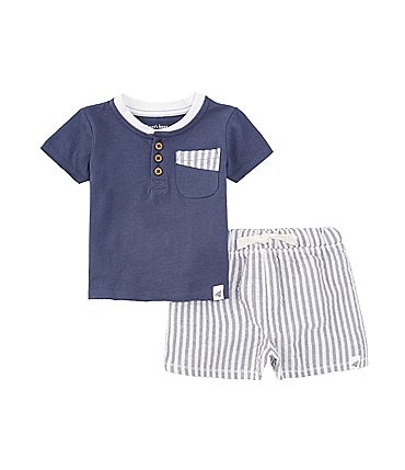 Image of Burt's Bees Baby Boys Newborn-24 Months Short-Sleeve Solid Henley T-Shirt & Striped Seersucker Shorts Set