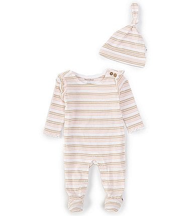 Image of Burt's Bees Baby Girls Newborn-9 Months Coastal Stripe Flutter Footie Jumpsuit & Knot Top Hat Set