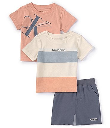 Image of Calvin Klein Baby Boys 12-24 Months Short-Sleeve Color Block Jersey Tee, Short-Sleeve Logo Jersey Tee & French Terry Shorts Set