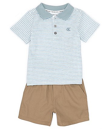 Image of Calvin Klein Baby Boys 12-24 Months Short Sleeve Striped Jersey Polo Shirt & Solid Twill Shorts Set