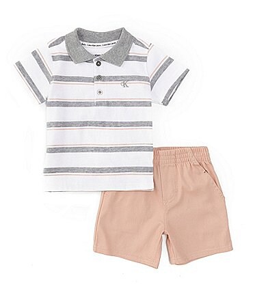 Image of Calvin Klein Baby Boys 12-24 Months Short Sleeve Jersey Polo Shirt & Solid Twill Shorts Set