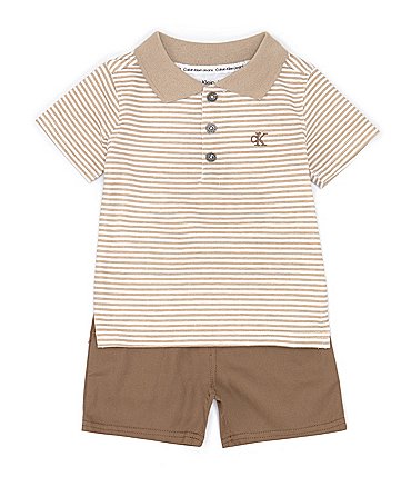 Image of Calvin Klein Baby Boys 12-24 Months Short-Sleeve Striped Jersey Polo Shirt & Solid Twill Shorts Set