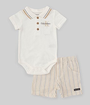 Image of Calvin Klein Baby Boys 3-9 Months Short-Sleeve Solid Pique Knit Bodysuit & Striped Woven Shorts Set