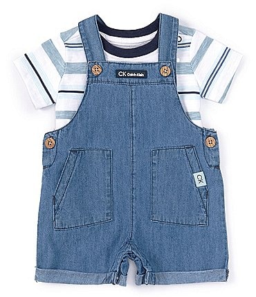 Image of Calvin Klein Baby Boys Newborn-9 Months Sleeveless Chambray Shortall & Short-Sleeve Striped Knit Tee
