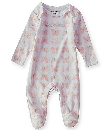 Image of Calvin Klein Baby Girls Newborn-9 Months Long-Sleeve Butterfly-Printed Interlock Footed Coverall