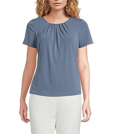 Image of Calvin Klein Knit Pleated Crew Neck Short Sleeve Blouse
