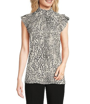 Image of Calvin Klein Petite Size Printed Chiffon Mock Neck Ruffle Cap Sleeve Top