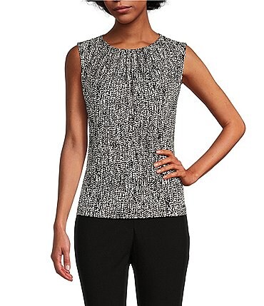 Image of Calvin Klein Petite Size Printed Sleeveless Pleated Crew Neck Matte Jersey Knit Cami