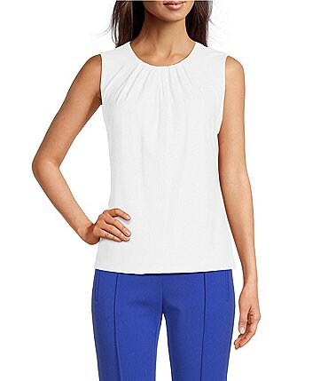 Image of Calvin Klein Solid Pleated Crew Neck Knit Tank Top