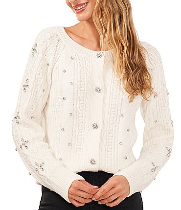 Image of CeCe Crew Neck Long Sleeve Button Front Rhinestone Cable Knit Cardigan
