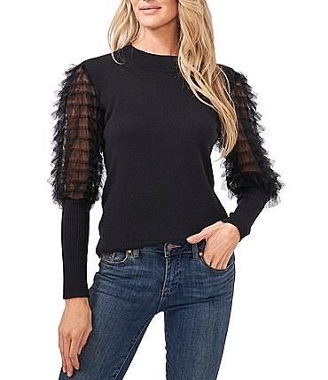 Image of CeCe Long Volume Sleeve Ruffled Tulle Crew Neck Statement Sweater