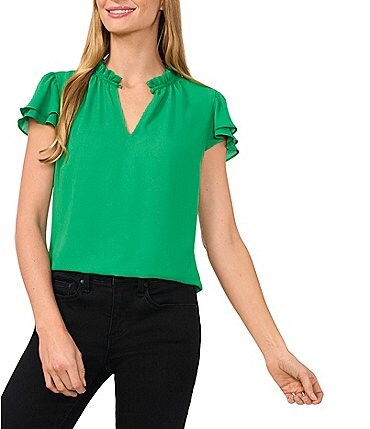 Image of CeCe Woven Split Round Neck Flutter Sleeve Blouse