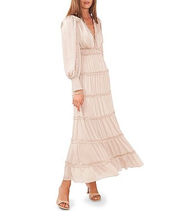 Image of Chelsea & Violet Plisse Satin Ruffle Deep V-Neck Long Smocked Cuff Sleeve Tiered Maxi Dress