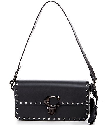 Image of COACH Black Glove Tan Leather with Crystal Rivets Studio Baguette Bag