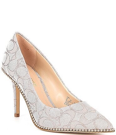 Image of COACH Waverly Logo Print Ball Chain Detail Leather Pumps