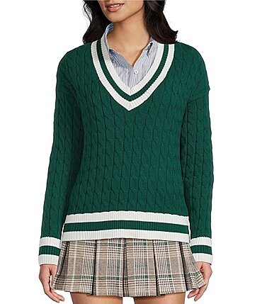 Image of Copper Key Cable Knit V-Neck Pullover Sweater