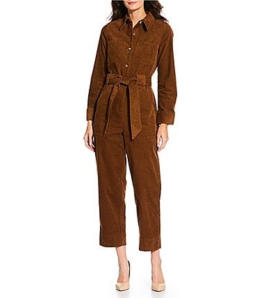 Image of Current Air Corduroy Point Collar Long Sleeve Tie Waist Button Front Jumpsuit