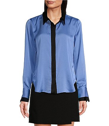 Image of DKNY by Donna Karan Sueded Satin Contrast Point Collar Long Sleeve Button-Front Shirt