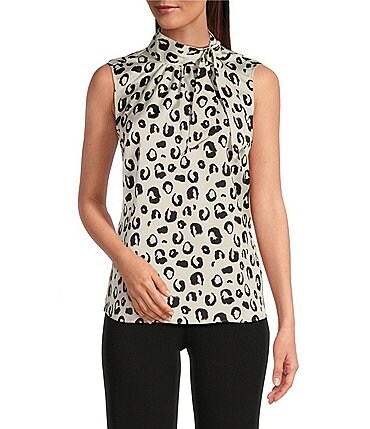 Image of DKNY Printed Satin Face CDC Tie Neck Sleeveless Fitted Blouse