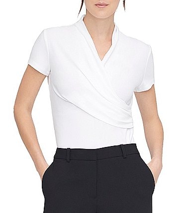 Image of DKNY by Donna Karan Surplice V-Neck Side Ruched Short Sleeve Top