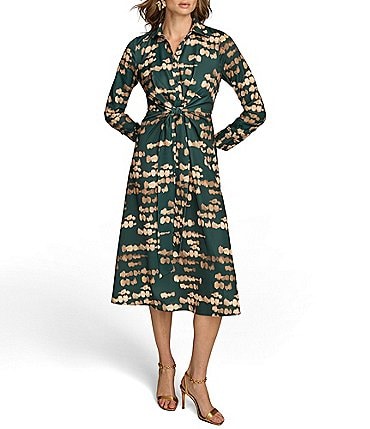 Image of Donna Karan Printed Satin Point Collar Long Sleeve Front Dress