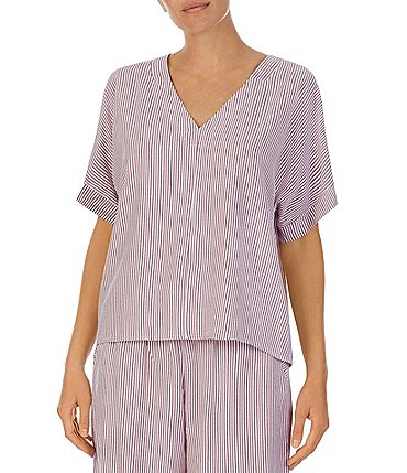 Image of Donna Karan Stripe Print Woven V-Neck Short Sleeve Coordinating Sleep Top