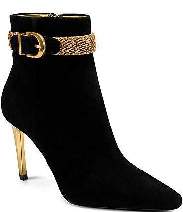 Image of Donna Karan Sylvia Suede Mesh Chain Hardware Stiletto Booties