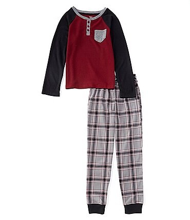 Image of Dream Life Big Boys 8-14 Colorblock Long Sleeve Henley Tee and Flannel Plaid Pant 2-Piece Pajamas Set