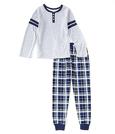 Image of Dream Life Big Boys 8-14 Long Sleeve Ribbed Knit Henley Flannel Plaid 2-Piece Pajamas Set