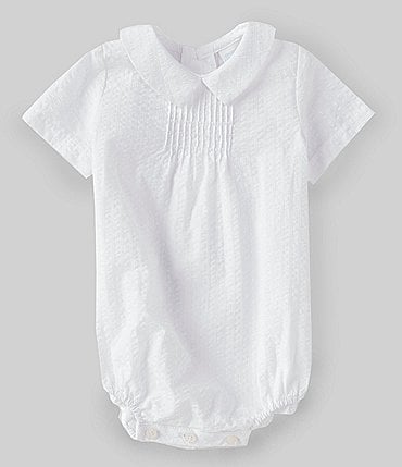 Image of Edgehill Collection Baby Boy 3-24 Months Short Sleeve Smocked Peter Pan Collar Bubble Shortall