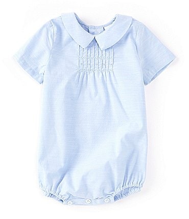 Image of Edgehill Collection Baby Boy 3-24 Months Short Sleeve Striped Smocked Peter Pan Collar Bubble Shortall