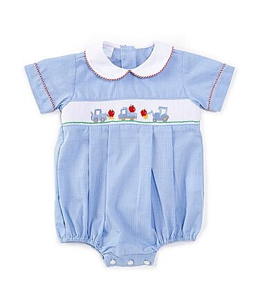 Image of Edgehill Collection Baby Boys Peter Pan Short Sleeve Trucks and Apples Smocked Bubble