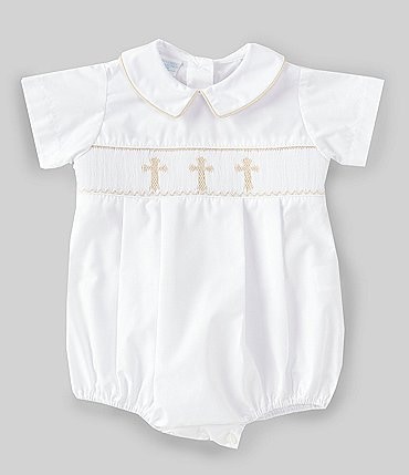 Image of Edgehill Collection Baby Boys 3-9 Months Smocked Christening Short Sleeve Bubble Romper