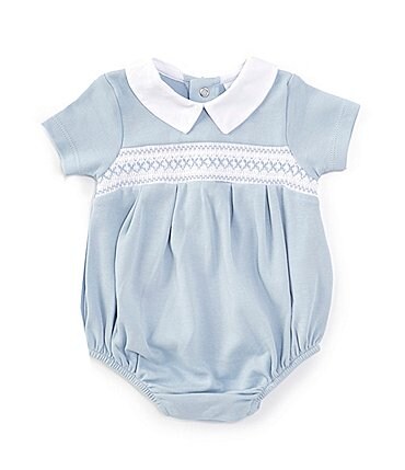Image of Edgehill Collection Baby Boys Collared Neckline Short Sleeve Solid Smocked Bubble