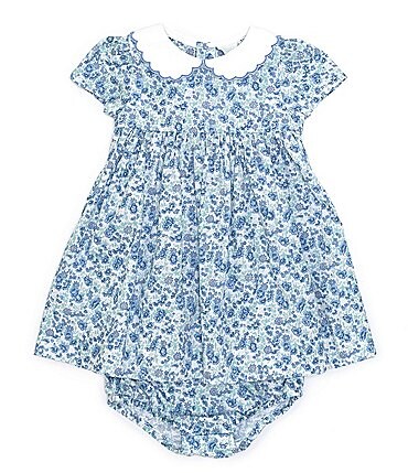 Image of Edgehill Collection Baby Girl 3-24 Months Short Sleeve Floral Peter Pan Collar Dress