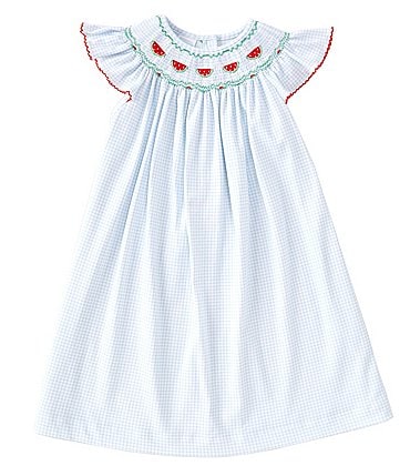 Image of Edgehill Collection Baby Girls 3- 24 Months Cap Sleeve Gingham Watermelon Embroidered Smocked Dress