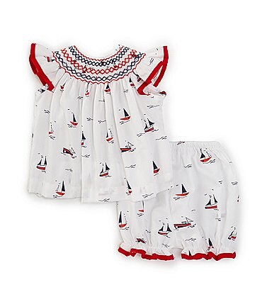 Image of Edgehill Collection Baby Girls 3-24 Months Family Matching American Smocked Neck Flutter Sleeve Sailboat Print Dress