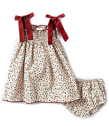 Image of Edgehill Collection Baby Girls 3-24 Months Family Matching Cherry Print Tie Shoulder Smocked Print Dress