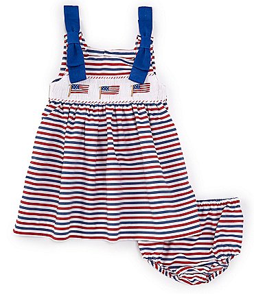 Image of Edgehill Collection Baby Girls 3-24 Months Family Matching Square Neck Tie Shoulders American Flag Smocked Dress
