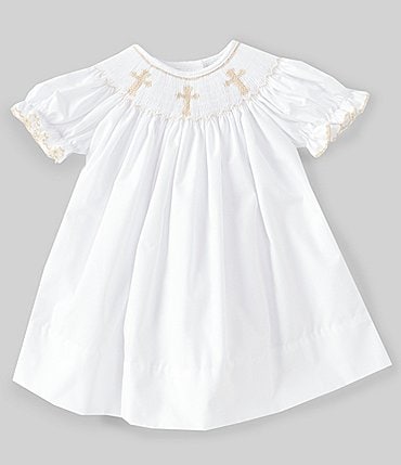 Image of Edgehill Collection Baby Girls 3-9 Months Cross - Bishop Short Sleeve Smocked Neck Dress