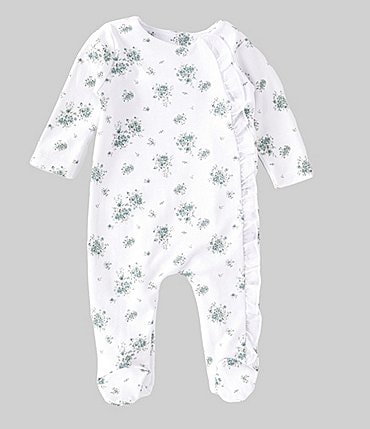 Image of Edgehill Collection Baby Girls Newborn - 6 Months Long Sleeve Green Floral Print Footed Coverall