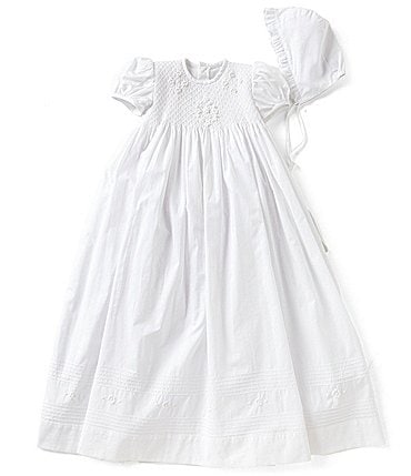 Image of Edgehill Collection Baby Girls Newborn-12 Months Smocked Christening Gown & Matching Bonnet Set